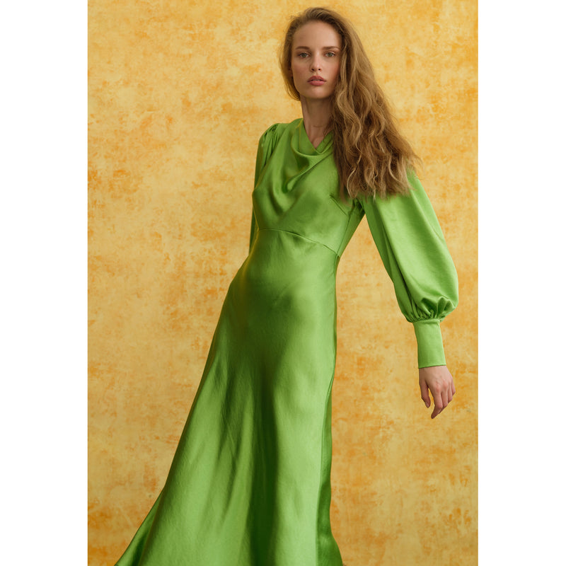 Sadie Green Satin Cowl Neck Midi Dress